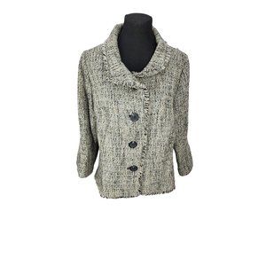 Madison‎ Woman Gray Black Tweed Size 16 W Fringed Hem Button Up Short Blazer